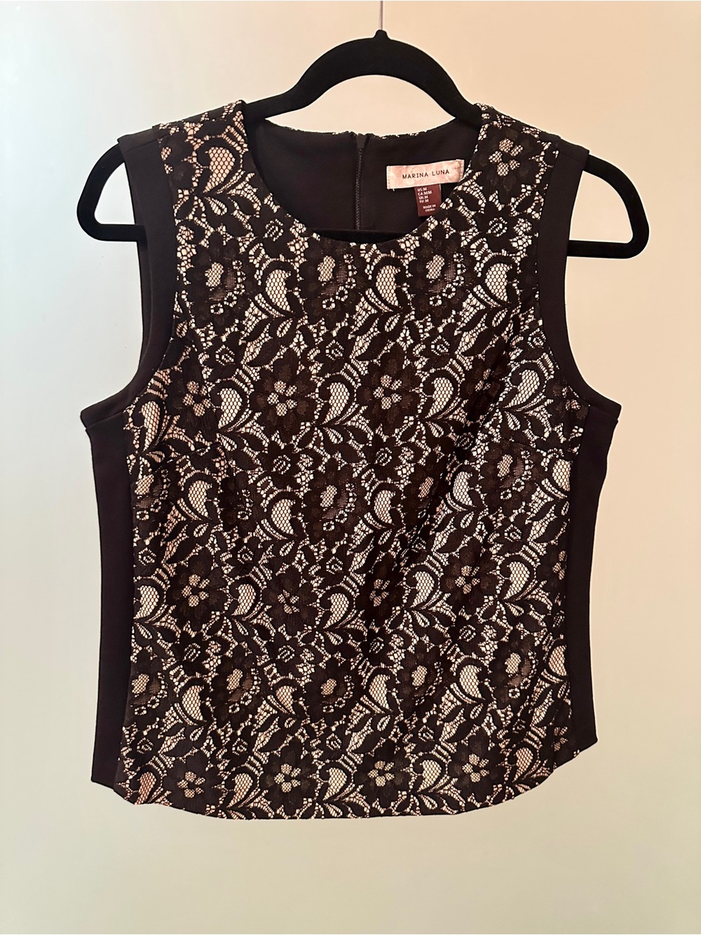 Marina Luna Black Lace-Front Sleeveless Blouse